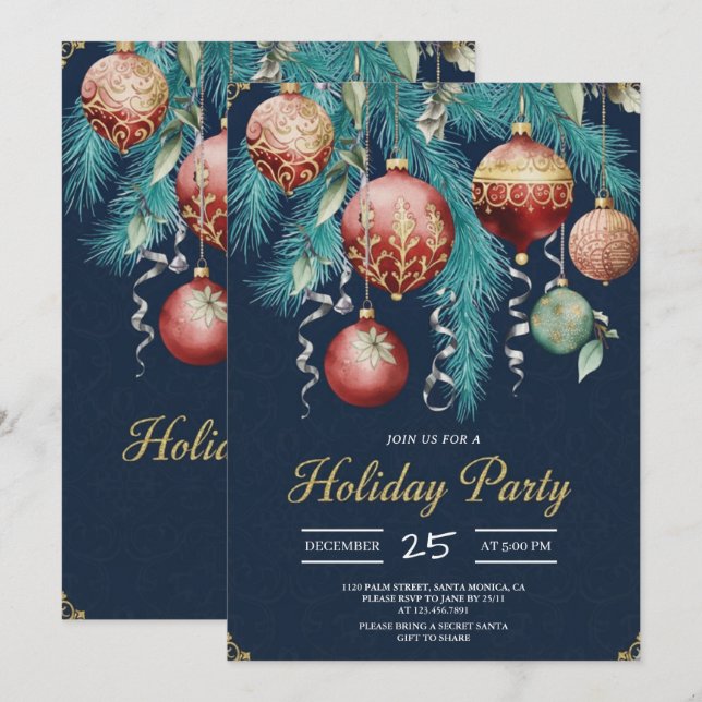 Gold Baubles Christmas Tree Party Invitation Einladung (Vorne/Hinten)