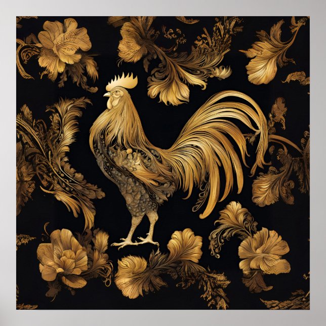Gold Bauernhahn auf schwarz. Poster (Vorne)