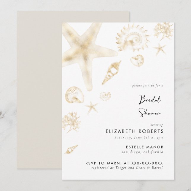 Gold Beach Mariage Mariée Brunch Shower Invitation (Devant / Derrière)