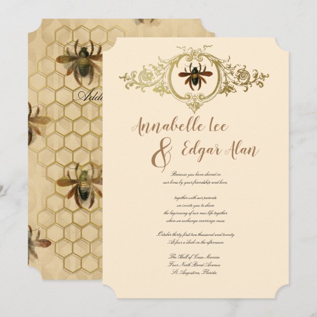 Gold Bee and Honeycomb Ornamental Invitation (Devant / Derrière)