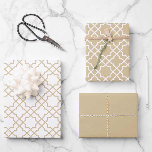 Gold Beige Arabesque Muster Geschenkpapier Set (Vorderseite)