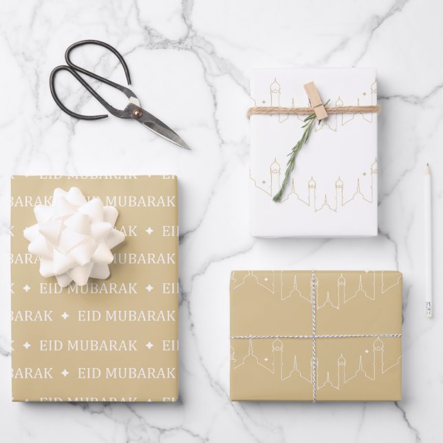 Gold Beige Eid Mubarak Masjid Design Geschenkpapier Set (Vorderseite)