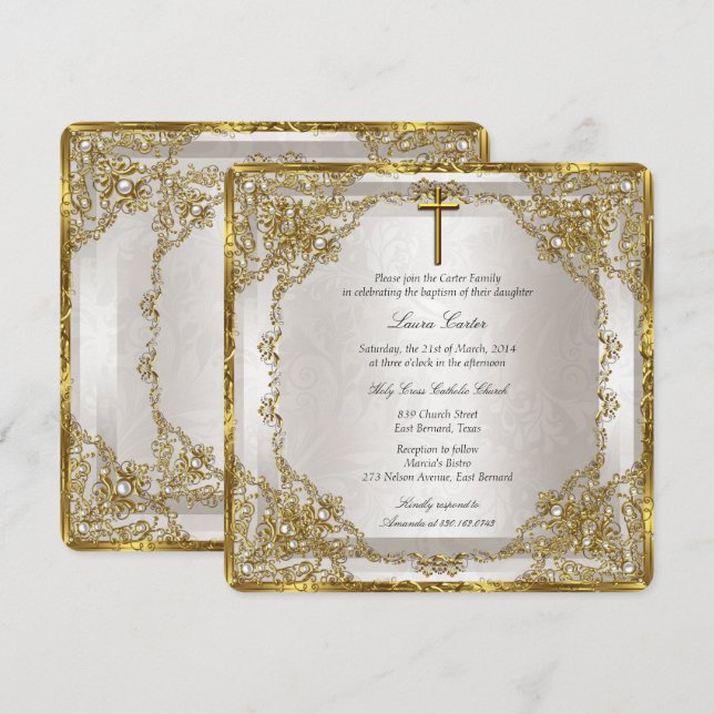 Gold Beige Perl Damask Cross Taufen/Christening Einladung (Vorne/Hinten)