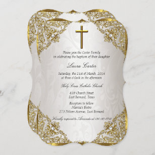Gold Beige Perl Damask Cross Taufen/Christening Einladung