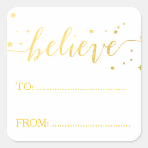 Gold Believe handgeschrieben   Weihnachtsgeschenka Quadratischer Aufkleber