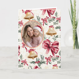 Gold Bells Pink Bows Foto Weihnachtskarte Feiertagskarte