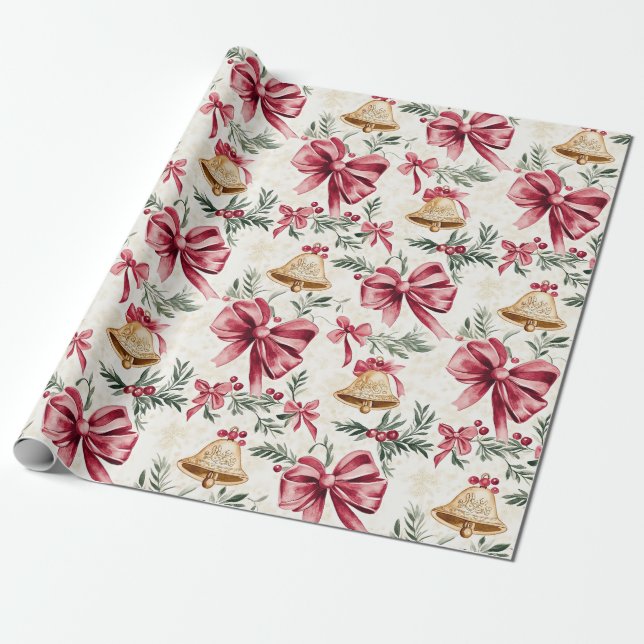 Gold Bells Pink Bows Weihnachten Geschenkpapier (Ungerollt)