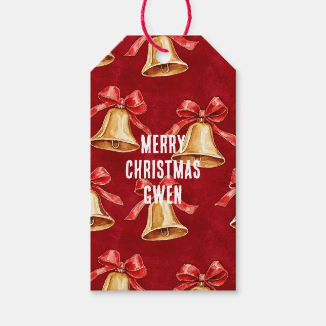 Gold Bells Red Ribbon Weihnachten Geschenkanhänger (Vorderseite)