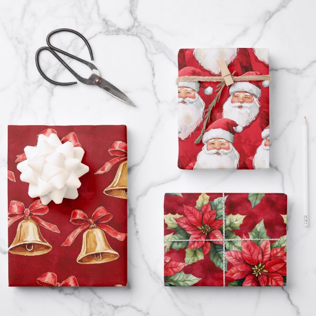 Gold Bells Santa Poinsettia Blume Weihnachten Geschenkpapier Set (Vorderseite)