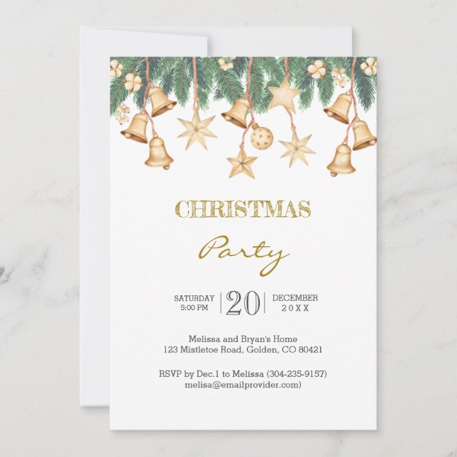 Gold Bells Stars Pine Christmas Party Einladung (Vorderseite)