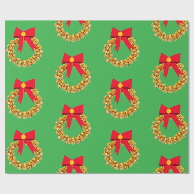 Gold Bells Wreath Green Wrapping Paper Geschenkpapier (Flach)