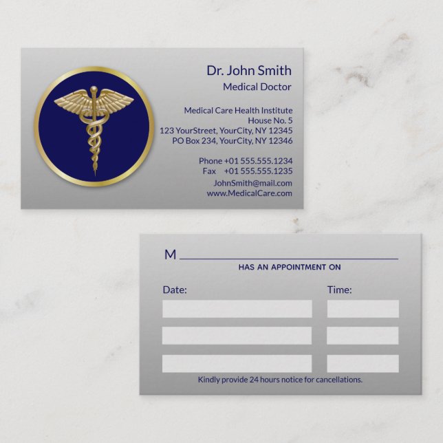 Gold Beruflich Blue Medical Caduceus Terminkarte (Vorne/Hinten)