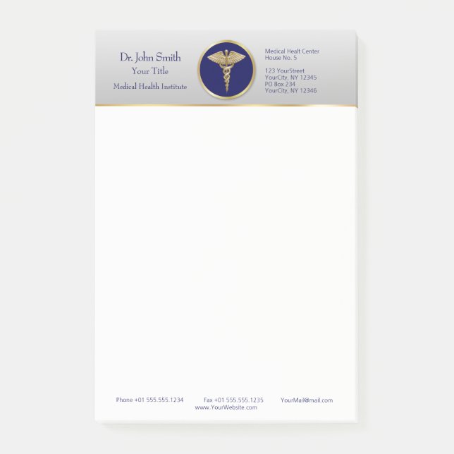 Gold Beruflich Medical Blue Caduceus Post-it Klebezettel (Vorderseite)