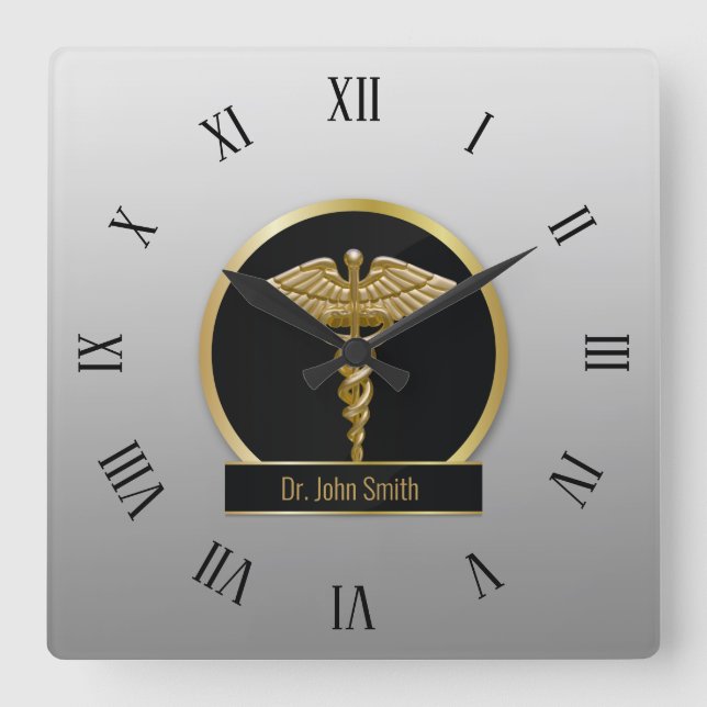Gold Berufliche Medizin Caduceus Quadratische Wanduhr (Vorderseite)