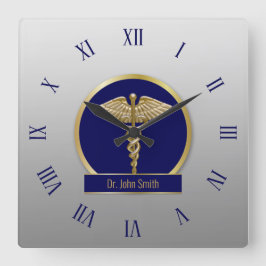 Gold Berufliche medizinische Caduceus Blauer Name Quadratische Wanduhr