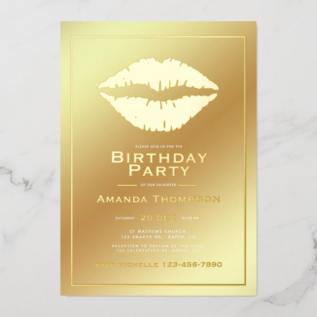 Gold Birthday Kiss Lips Foil Invitation (Recto)