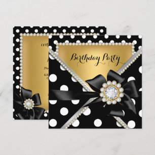Gold Birthday Party Schwarz-weiß Polka Dots Einladung