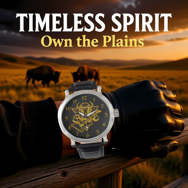 Gold Bison Buffalo Rocken auf Gitarre Armbanduhr (Von Creator hochgeladen)