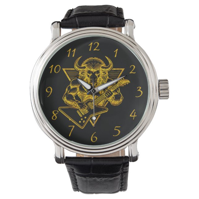 Gold Bison Buffalo Rocken auf Gitarre Armbanduhr (Vorderseite)