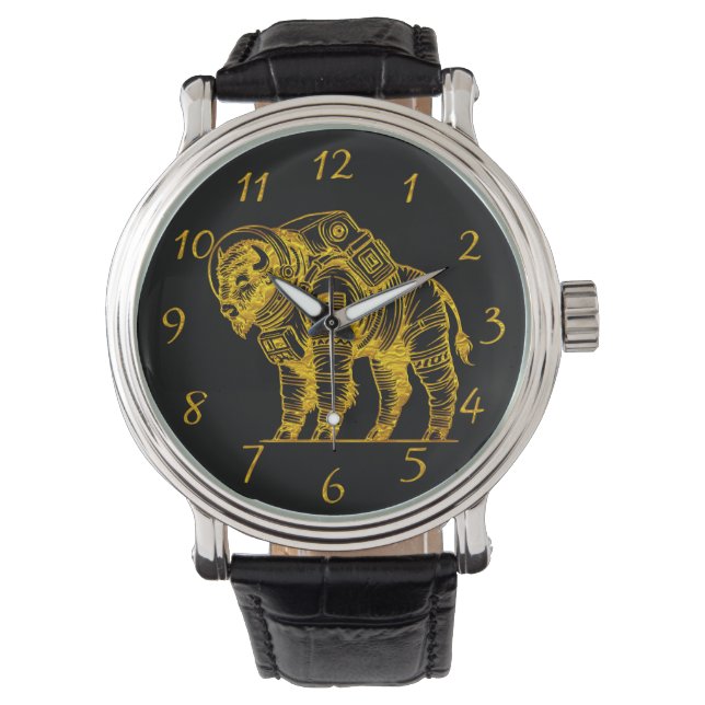 Gold Bison im Astronauten Anzug Erkundung des Welt Armbanduhr (Vorderseite)