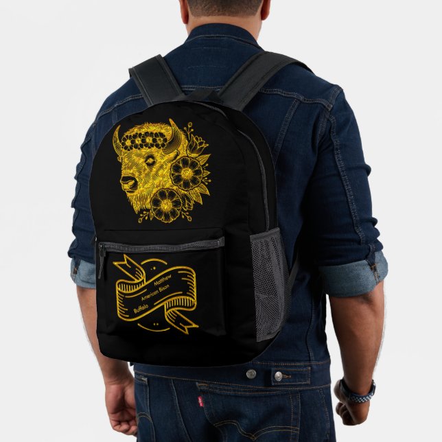 Gold-Bison mit Blume und Foliage Bedruckter Rucksack (Insitu (Modell))