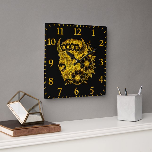 Gold-Bison mit Blume und Foliage Quadratische Wanduhr (Büro)