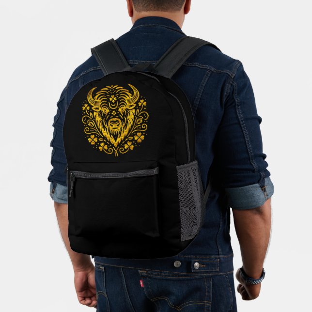 Gold-Bison mit Blumendesign Bedruckter Rucksack (Insitu (Modell))
