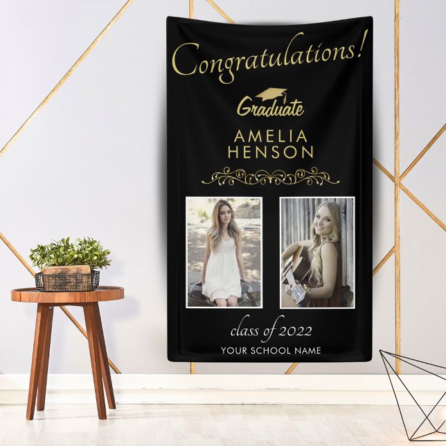 Gold Black 2022 Graduate 2 Foto Graduation Party Banner (Von Creator hochgeladen)