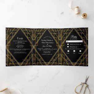 Gold Black 20er Deco Elegante Dreifach-Hochzeit  Dreifach Gefaltete Einladung
