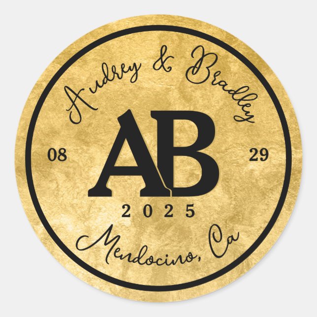 Gold Black 2 Letter Monogram Wedding Runder Aufkleber (Vorderseite)