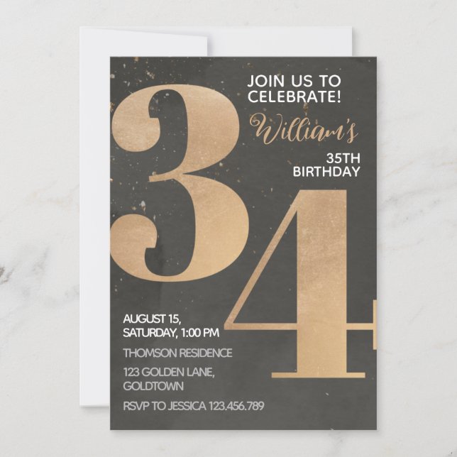 Gold Black 34th Birthday Invitation (Devant)