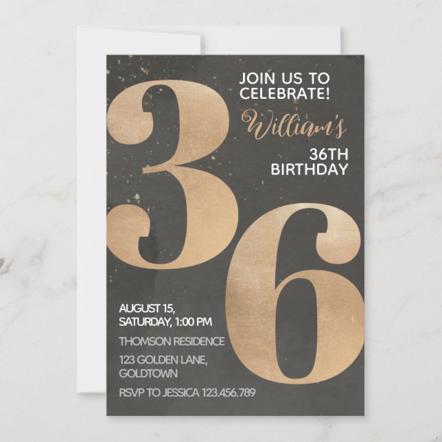 Gold Black 36th Birthday Invitation (Devant)