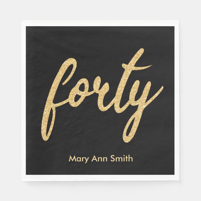 Gold Black 40 Birthday Party Glitzer "40" Serviette (Vorderseite)