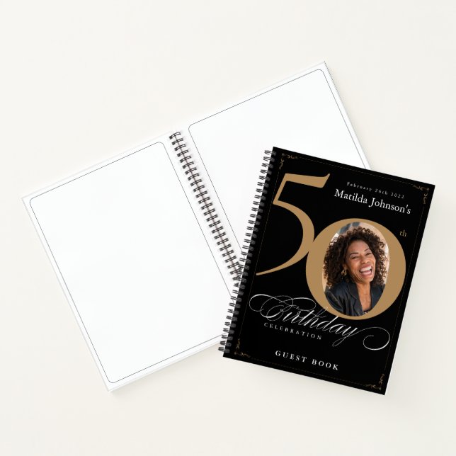 Gold Black 50th Birthday Script élégant livre d'or (Intérieur)