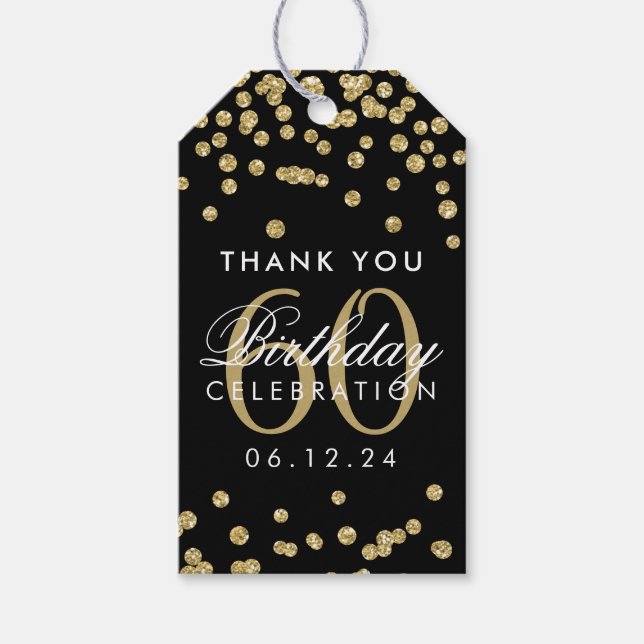 Gold Black 60. Geburtstag Danke Confetti Geschenkanhänger (Vorderseite)