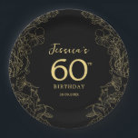 Gold Black 60. Geburtstag Pappteller<br><div class="desc">Black gold 60. Geburtstag Party Papier Teller. Mit modernen botanischen Akzenten und Typografie-Script-Schriftart. Einfaches Blumendesign,  ideal für ein stilvolles Feiern. Kann für jedes Alter angepasst werden.</div>