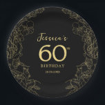 Gold Black 60. Geburtstag Pappteller<br><div class="desc">Black gold 60. Geburtstag Party Papier Teller. Mit modernen botanischen Akzenten und Typografie-Script-Schriftart. Einfaches Blumendesign,  ideal für ein stilvolles Feiern. Kann für jedes Alter angepasst werden.</div>