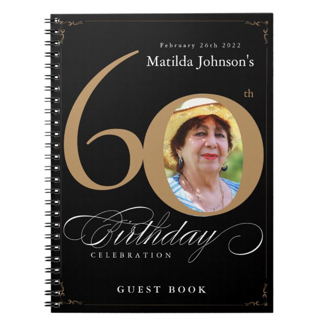 Gold Black 60th Birthday Élégant Script Livre d'or (Devant)