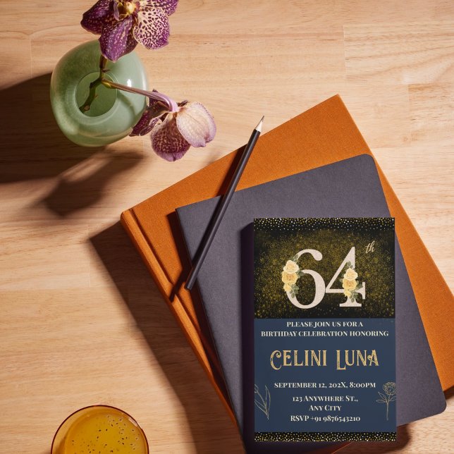 Gold & Black 61st-69th Birthday Party Invitations (Gold & Black 64th Birthday Invitations)