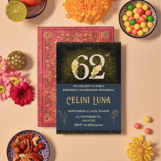 Gold & Black 62e anniversaire Invitations (Gold & Black 62nd Birthday Invitations)