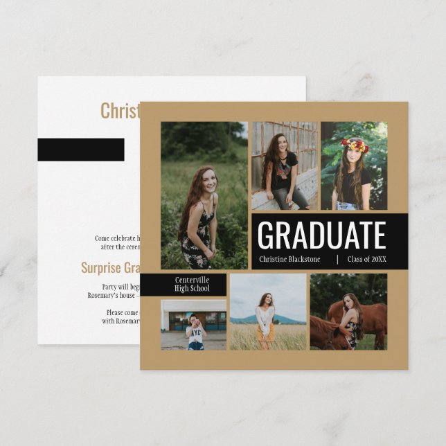 Gold & Black 6 Photo Graduation Invitation (Devant / Derrière)