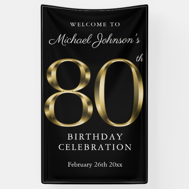 Gold & Black 80. Geburtstag Elegantes Begrüßungs-P Banner (Vertikal)