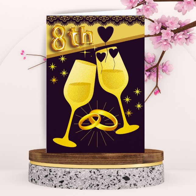 Gold Black 8th Anniversary Card mit Rings Hearts Karte (Von Creator hochgeladen)