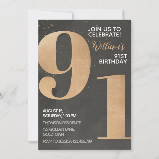 Gold Black 91st Birthday Invitation (Devant)