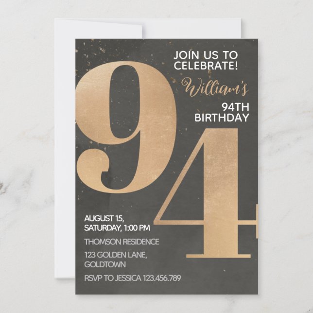 Gold Black 94th Birthday Invitation (Devant)