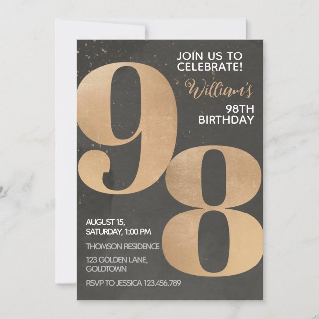 Gold Black 98th Birthday Invitation (Devant)