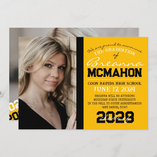 Gold & Black Abschluss 2 Foto Ankündigung ( Repeating Class Year 1 & 2 Photo Graduation Invitations & Announcements)