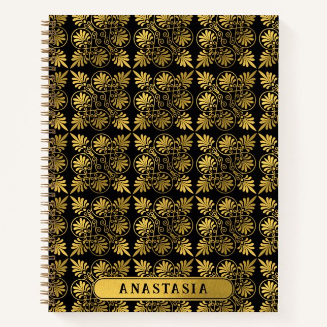 Gold Black Ancient Greece Meander Pattern Name Notizbuch (Vorderseite)