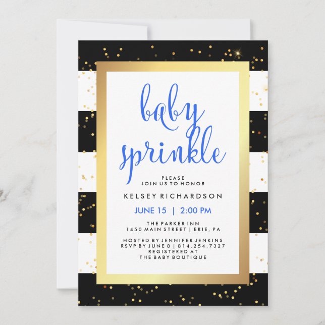 Gold Black and White Stripes Baby Sprinkle | Blau Einladung (Vorderseite)