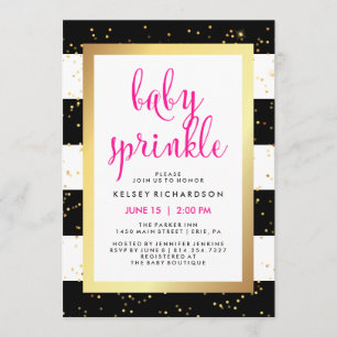 Gold Black and White Stripes Baby Sprinkle   Pink Einladung